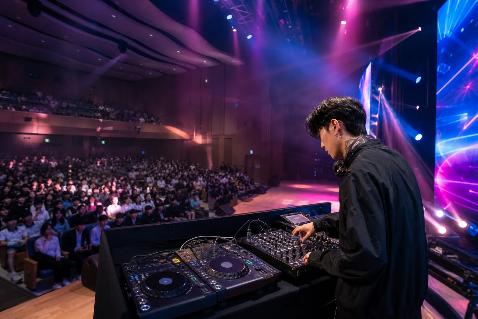강당에서 진행되는 DJ 공연 현장