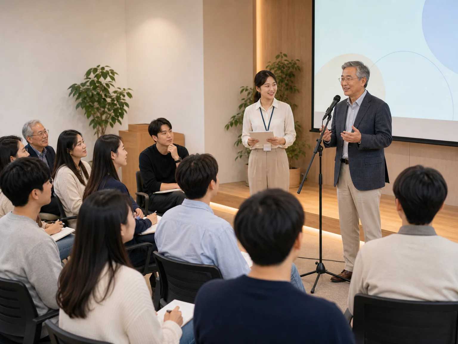 의사소통·스피치·발표 — 청년 수강생과 시니어 발표자가 함께하는 발표 연습 현장